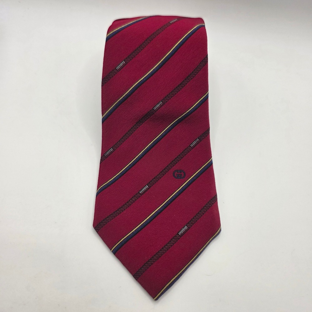 Gucci Vintage Silk Tie Burgundy Red Striped Interlocking GG Logo Made in Italy